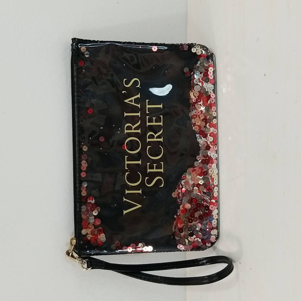 Victoria Secret Black Zipper Sequin Confetti Makep-up Wristlet Bag